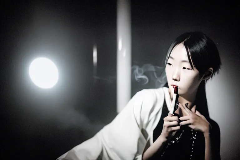 Prompt: photography masterpiece by haruto hoshi and yang seung woo, flash photography, portrait of a young japanese woman in a white dress smoking a cigarette in a cabaret night club, shot on a canon 5 d mark iii with a 3 5 mm lens aperture f / 5. 6, dslr, hd, full res, 4 k