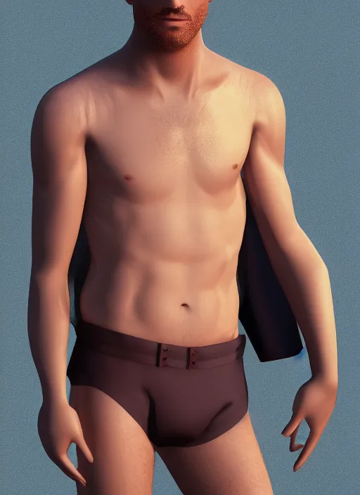 Image similar to 3 2 - year - old man, short stubble, wearing short sleeve v neck shirt and speedo, bara, character design, octane render, 8 k, portrait