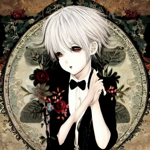 Image similar to realistic illustration of an anime girl with short white hair and black eyes wearing tuxedo in the style of yoshitaka amano, floral black and white patterns on the background, noisy film grain effect, highly detailed, Renaissance oil painting