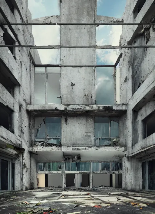 Image similar to “derelict architecture single building , the windows are broken, building designed by architect Oscar Niemeyer, architecture digest, building surrounded in a luxury environment, bright tones, fluorescent lighting,volumetric Lighting, photorealism, high detail, golden ratio, cinematic, octane renderer”