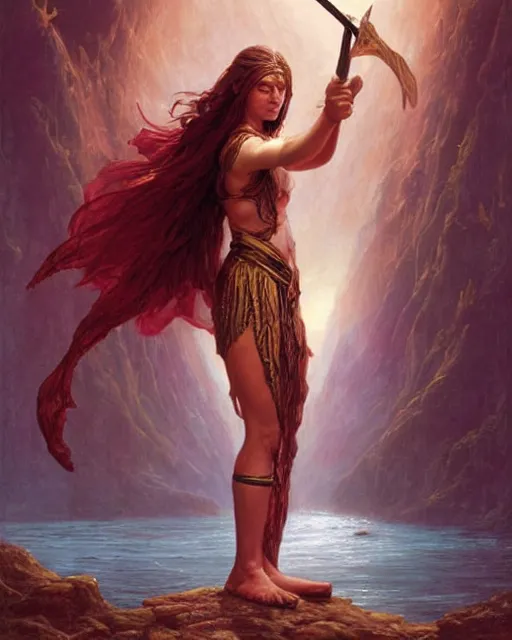 Image similar to beautiful female warrior, half body portrait, long flowing hair, standing in a fantasy environment, realistic oil painting by Thomas Cole and Wayne Barlowe