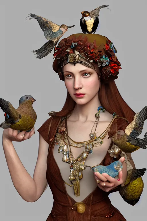 Prompt: zoom in 3 d render of english princess holding birds, ornaments, mechanical parts, mucha vibe, dieselpunk, solarpunk, artstation, andrei riabovitchev