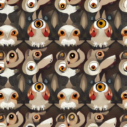 Prompt: gathering of feathered owls looking with big eyes in graphic design style