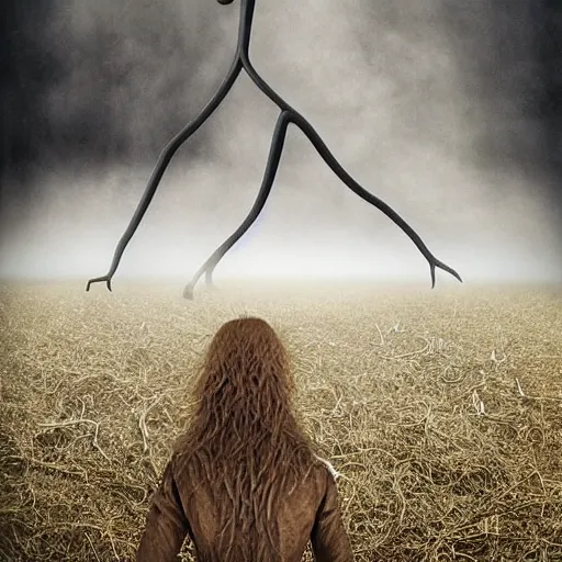 Image similar to slenderman, tan by elliott erwitt, by martin wittfooth aesthetic, highly detailed. a land art of a woman standing in a field of ashes, her dress billowing in the wind. her hair is wild & her eyes are closed, in a trance - like state. dark & atmospheric, ashes seem to be alive, swirling around.