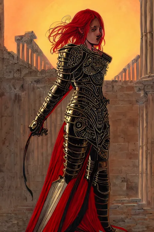 Image similar to portrait knights of Zodiac girl, metallic black and red color reflected armor, in ruin Agora of Athens sunset, ssci-fi, fantasy, intricate, natural atmosphere, cinematic lighting,, elegant, golden light, highly detailed, digital painting, concept art, smooth, sharp focus, illustration, art by artgerm and greg rutkowski and alphonse mucha and loish and WLOP