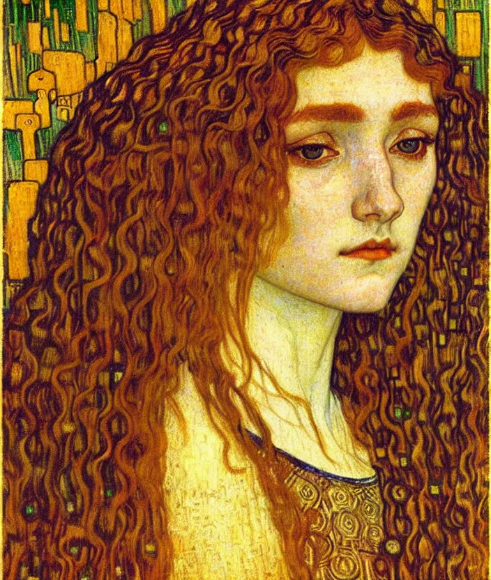 Image similar to detailed realistic beautiful young medieval queen face portrait by jean delville, gustav klimt and vincent van gogh, art nouveau, symbolist, visionary, gothic, pre - raphaelite, muted earthy colors, desaturated