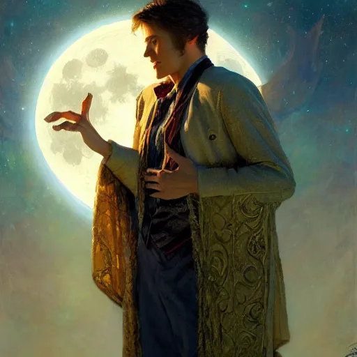 Image similar to attractive male wizard magically floating high in the night, fantasy, full moon in background. highly detailed painting by gaston bussiere, craig mullins, j. c. leyendecker, mid shot, 8 k