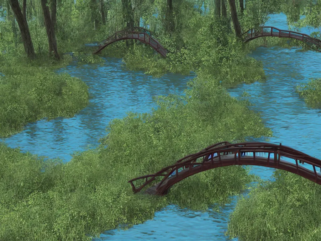 Prompt: a bridge over a body of water next to a forest, a screenshot by the mazeking, polycount, photorealism, xbox 3 6 0 graphics, hd mod, prerendered graphics