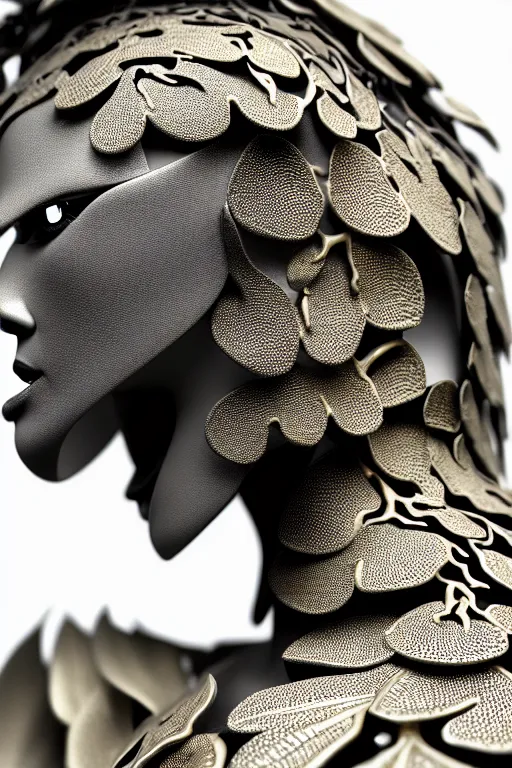 Image similar to monochrome close - up profile face, black background, beautiful young porcelain vegetal - dragon - cyborg - female, 1 5 0 mm, beautiful natural soft rim light, silver gold details, magnolia leaves and stems, roots, mandelbot fractal, elegant, hyper real, ultra detailed, white metallic armour, octane render, 1 6 k