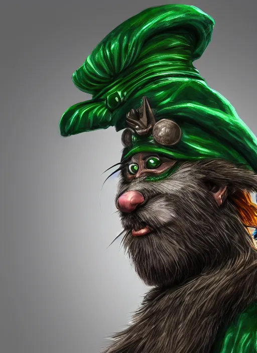 Image similar to humanoid rat with beard, serious, mean eyes, wearing jewelry, tricorne hat, green robe, d & d, digital art, detailed face, highly detailed, trending on artstation, 4 k, sea in the background