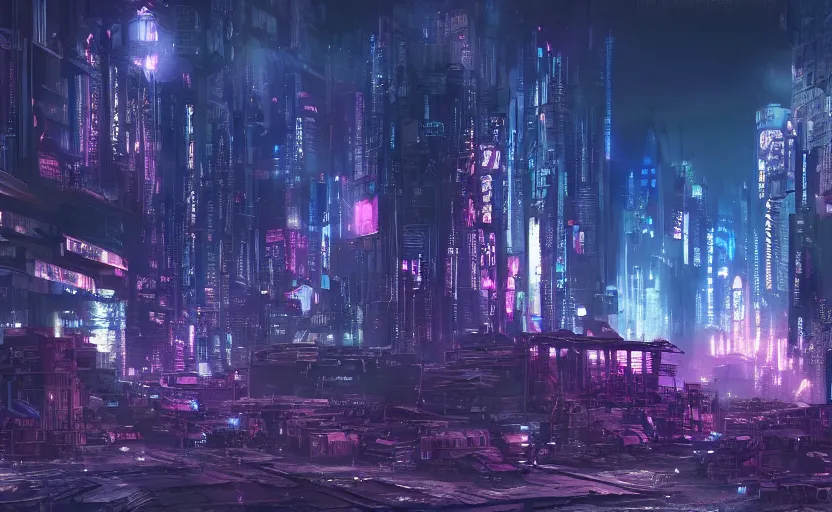 Image similar to detailed landscape of a dystopian cyberpunk city at night. wallpaper. dark blue and purple color palette. hd. artstation.