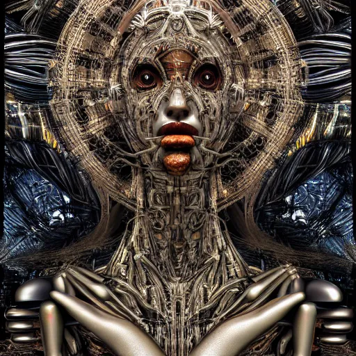 Image similar to cybernetic deity dreaming itself into reality with its networked mind, lsd, intricate detail, royo, whealan, giger, klimt, hd, octane render, unreal engine,