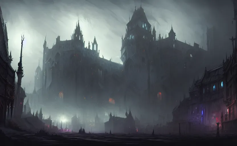 Prompt: extreme long shot concept art depicted old english majestic town, dramatic mood, overcast mood, dark fantasy environment, detailpunk, art inspired by league of legends and arcane, style by jason engle and jordan grimmer, trending on artstation, unreal engine, golden ratio, spectacular composition, realistic architecture