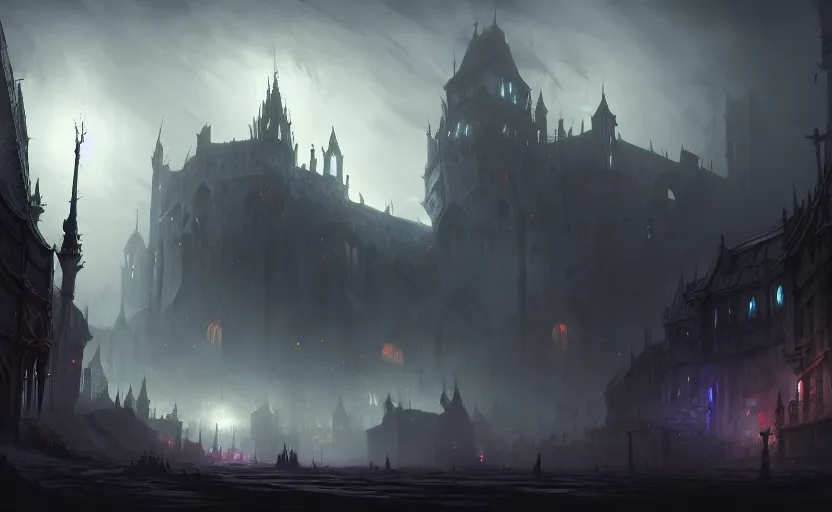 Image similar to extreme long shot concept art depicted old english majestic town, dramatic mood, overcast mood, dark fantasy environment, detailpunk, art inspired by league of legends and arcane, style by jason engle and jordan grimmer, trending on artstation, unreal engine, golden ratio, spectacular composition, realistic architecture