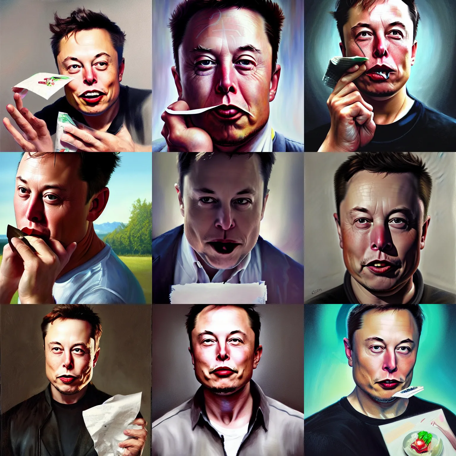 Prompt: elon musk eating paper, oil painting, beautiful, high detail, cgsociety