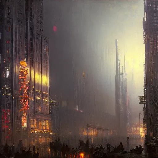 Prompt: detailed painting of a cyberpunk skyscraper in 1 9 4 0, exterior, floral ornaments, volumetrics lights, beam of bright lights through the fog, andreas achenbach