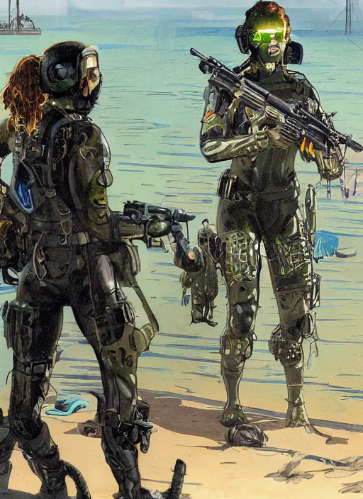 Image similar to Maryanne. USN blackops operator emerging from water at the shoreline. Operator wearing Futuristic cyberpunk tactical wetsuit and looking at an abandoned shipyard. Frogtrooper. rb6s, MGS, and splinter cell Concept art by James Gurney, Alphonso Mucha. Vivid color scheme.