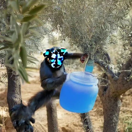 Prompt: a chimpanzee dressed in a chemical protection suit is injecting a olive tree with blue liquid, syringes, toxic, monkey face, scientific field trial, in puglia italy, sunset, beautiful lighting, chemical equipment, photograph, canon eos, f 8, iso 4 0 0, photography