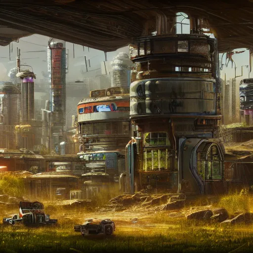 Prompt: fully detailed landscape of a cyberpunk cunderground , watertank, futuristic tractors, farmhouse, mushroom, overgrowth, Ai , Bots , drones , cinematic lightening, in the future, high quality, 8k , octane render, trending on artstation , greg rutowski