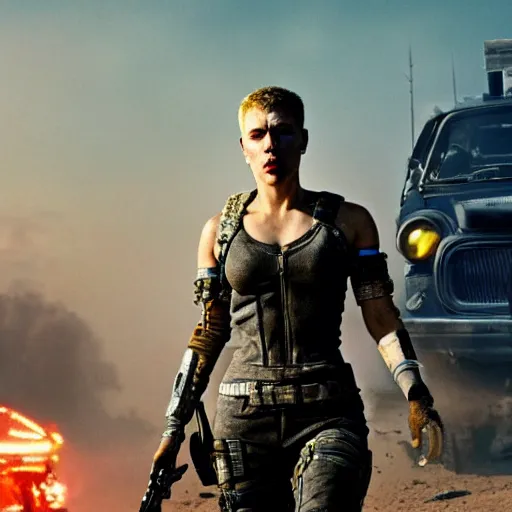 Image similar to Fury Road scarlett johansson after a bad mission in Cyberpunk 2077. CP2077. 3840 x 2160