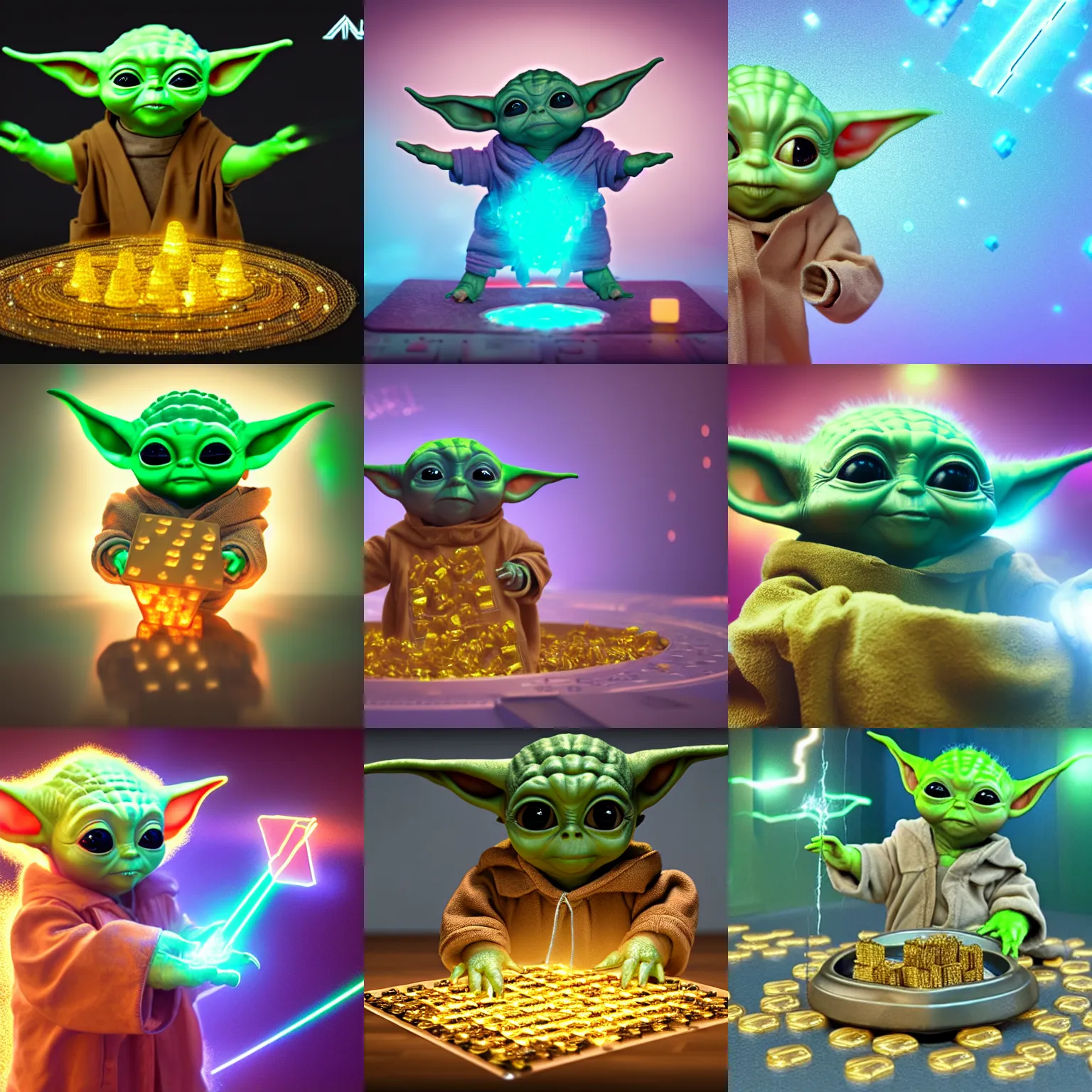 Prompt: Baby yoda covered in magic golden squares computer chips with a glowing flat crystals embedded their body, mana flowing around it, product photo, hyperrealism, trending on artstation, unreal engine 5 render