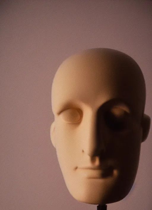 Prompt: a fashion photograph of a mannequin head of John Lennon, 35mm, pentax, studio lighting