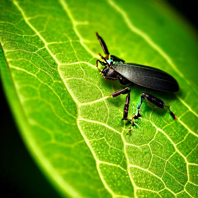 Image similar to a close up view of a bug on a leaf, a macro photograph, featured on cg society, macro lens, ultra detailed, macro photography, atmospheric lighting, intricate, volumetric lighting, beautiful, sharp focus, in the art style of marc simonetti, bowater charlie and brom gerald, astrophotography