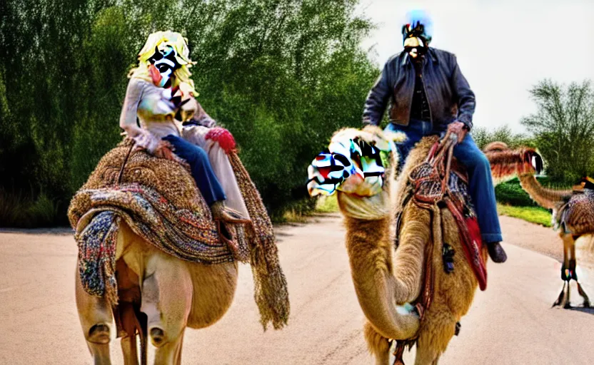 Prompt: Dolly Parton riding a camel and Robert De Niro riding an Ostrich in Slough. photo, 50mm, 150mp, XF IQ4, ISO 200