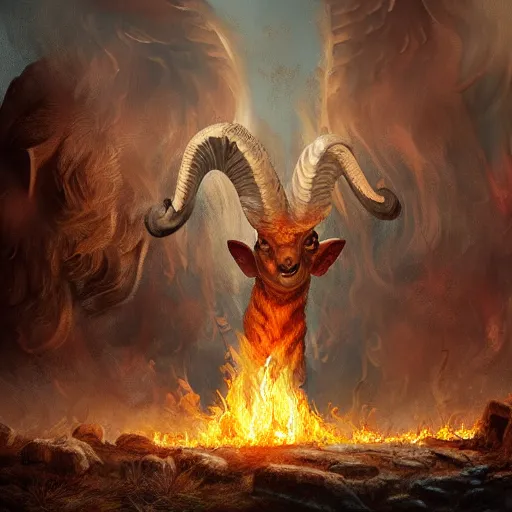 Image similar to ram horned catholic lamb brings fire down from the sky, medieval style, trending on artstation, highly detailed, digital painting, volumetric light, concept art, sharp focus, illustration