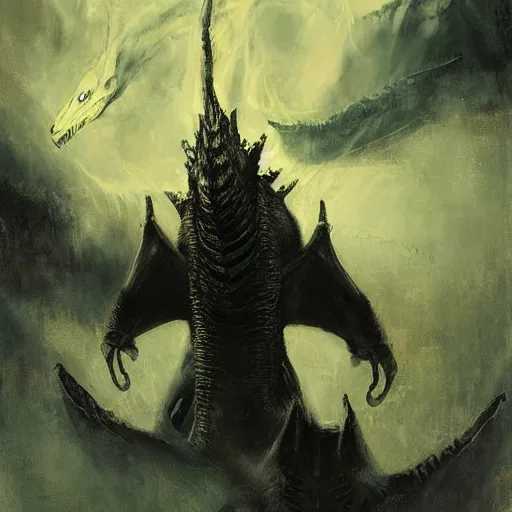 Image similar to king ghidorah, 3 heads, electric storm, painted by jeremy mann