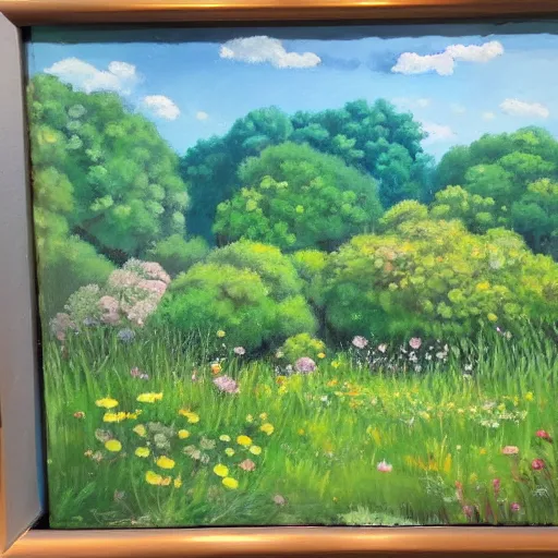 Image similar to an oil painting of a studio ghibli meadow view from a cozy window