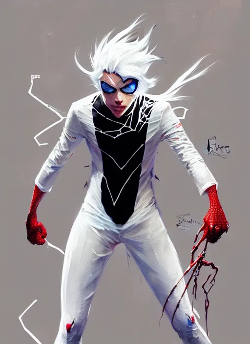 Prompt: ultradetailed beautiful painting of a stylish, white haired man in spider man suit, by conrad roset, greg rutkowski and makoto shinkai trending on artstation