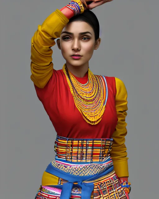 Prompt: a beautiful cute girl wearing modern stylish costume in the style of Assamese bihu mekhela sador gamosa design, commercial fashion design art by Victor Nizovtsev, face by artgerm and daz3d genesis iray, cinematic lighting, medium shot, mid-shot, slim female figure ramp walk model pose, highly detailed, trending on Artstation, Unreal Engine 4k, cinema 4d ray traced 8k fabric texture details, octane render, diffused natural skin glow