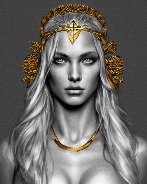 Image similar to tattoo design sketch of hot blonde super model as aphrodite greek goddess wearing a gold laurel wreath and triangle earrings, beautiful piercing gaze with sharp pupils, in the style of greg rutkowski, fantasy, amazing detail, epic, elegant, smooth, sharp focus, front view