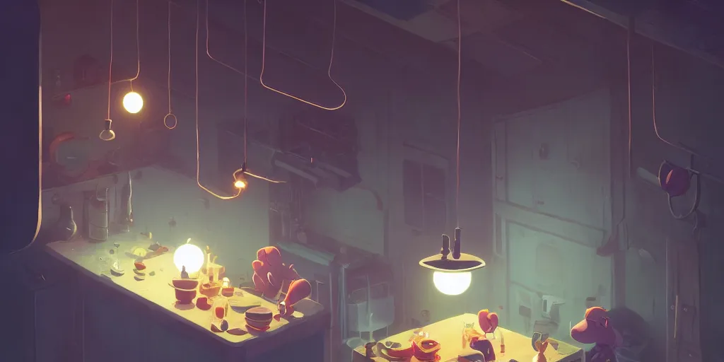 Image similar to cute solitary kitchen dim lit by a candle ripped physique simon stalenhag gerald brom bastien grivet by greg rutkowski, game background fisheye lens, low angle, day of the tentacle, bird's-eye view