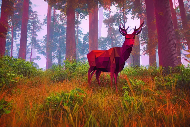 Prompt: super detailed color lowpoly art, red deer in an undergrowth, unreal engine, retrowave color palette, 3 d render, lowpoly, colorful, digital art, perspective