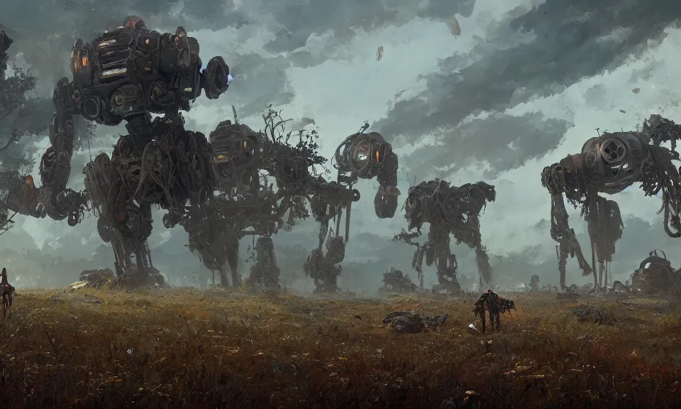 Prompt: A ruined and destroyed meadow with various ancient, rusting robots laying abandoned on the land as plants grow over them, Greg Rutkowski, ArtStation, Deviantart, HD screenshot
