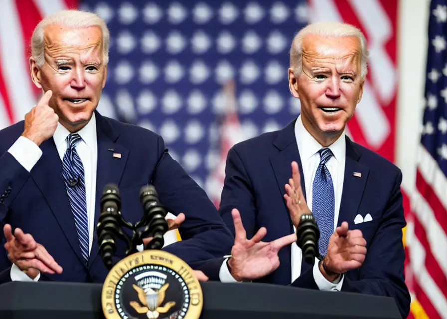 Prompt: photo of a press conference where joe biden reveals that birds are actually government surveillance drones and shows photos of the robot birds, associated press photo, real, 8 5 mm f / 3. 5