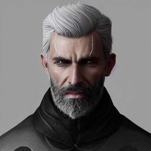 Image similar to a highly detailed portrait of a man without a beard, purple eyes, light gray colour hair, wearing a black cloak, artstation, DeviantArt, professional, octane render