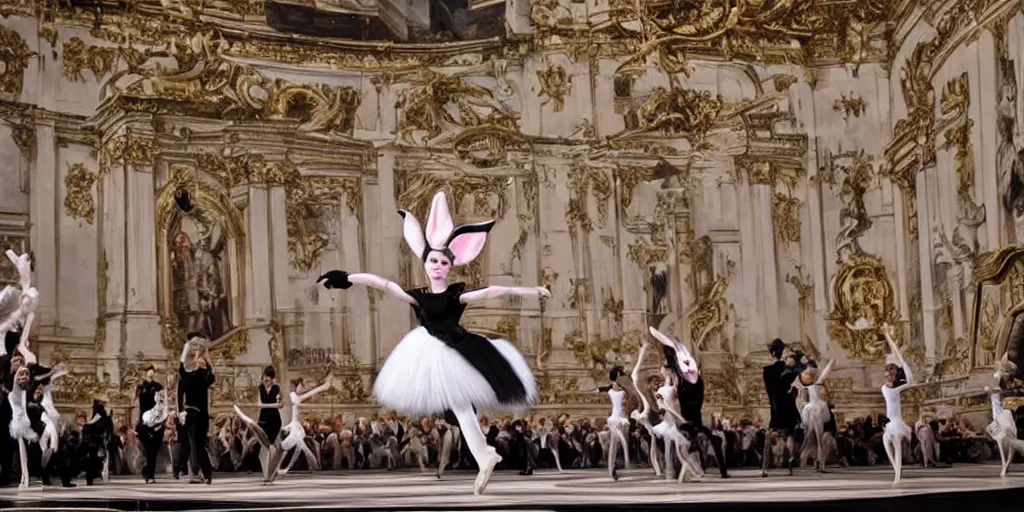 Image similar to a bunny balerina dancing the black swan on the stage of the opera garnier