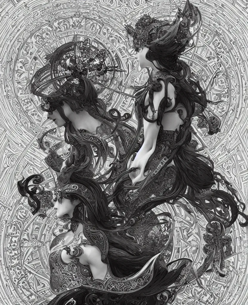 Prompt: black and white photography of geometrical alchemical glyphs, deep focus, intricate, elegant, highly detailed, artstation, concept art, matte, sharp focus, 4 k, depth of field, art by artgerm and greg rutkowski and alphonse mucha