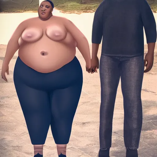 Image similar to the fattest woman dating the skinniest man, photo realistic,