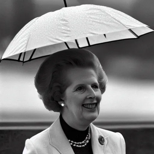 Prompt: margaret thatcher on a rainy day