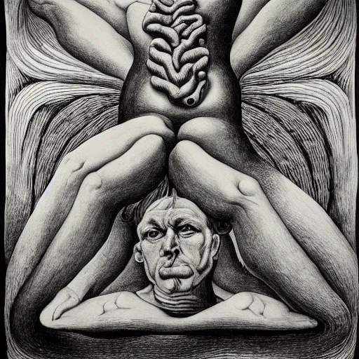 Image similar to alchemy lithography on paper conceptual figurative ( post - morden ) monumental dynamic portrait drawn by escher and goya and francis bacon, inspired by william blake, illusion surreal art, highly conceptual figurative art, intricate detailed illustration, controversial poster art, polish poster art, geometrical drawings, no blur