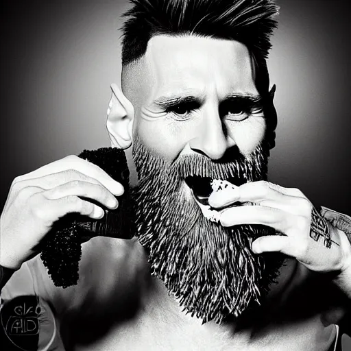 Prompt: lionel messi with a majestic beard eating a kfc zinger by affandi