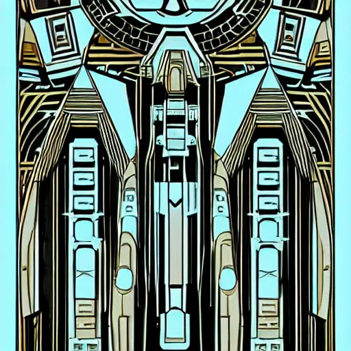 Prompt: spaceships going through stargate, in the style of Art Deco,