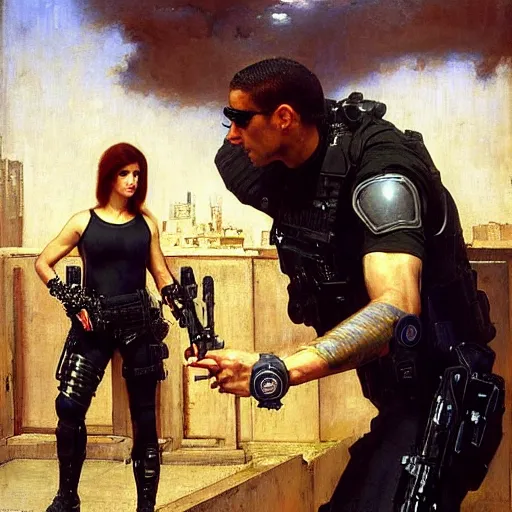 Prompt: Maria evades sgt rhodes. Cyberpunk hacker escaping Menacing Cyberpunk police trooper wearing a combat vest. (dystopian, police state, Cyberpunk 2077, bladerunner 2049). Iranian orientalist portrait by john william waterhouse and Edwin Longsden Long and Theodore Ralli and Nasreddine Dinet, oil on canvas. Cinematic, vivid colors, hyper realism, realistic proportions, dramatic lighting, high detail 4k