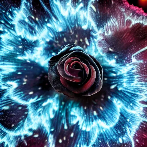 Image similar to award - winning macro of a beautiful black rose made of molten magma and nebulae on black background by harold davis, highly detailed, inner glow, trending on deviantart, artstation and flickr, nasa space photography, national geographic