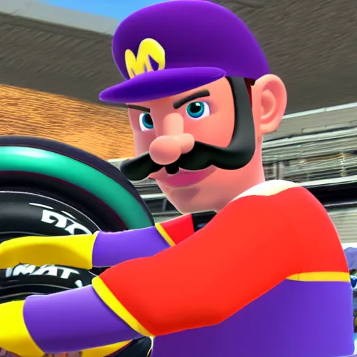 Prompt: Portrait screenshot of Max Verstappen as Waluigi in MarioKart, Nintendo, MK8, 4k