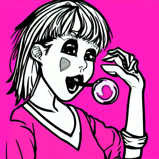 Image similar to line art drawing of a punk girl blowing a bubble. artstation